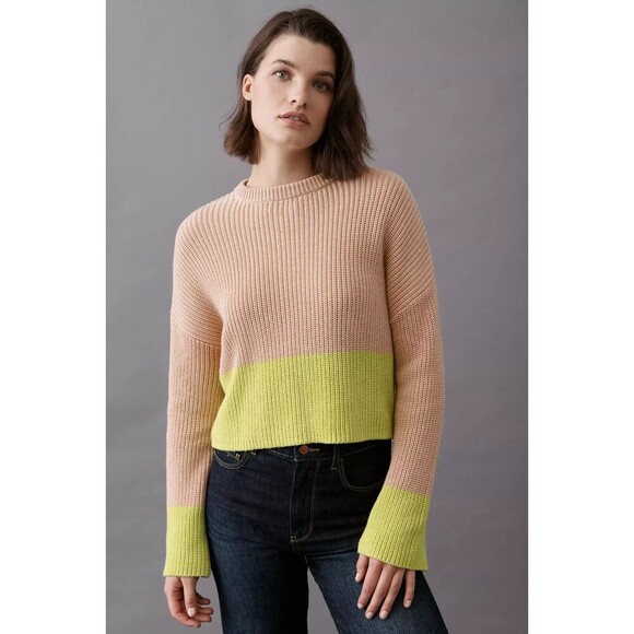 Anthropologie 525 America Sweater XL Chartreuse Colorblock Boxy Knit Pullover - Picture 9 of 9